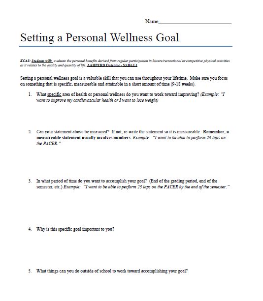 PE-Setting a Personal Wellness Goal Exit Slip